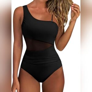 Elegant Black One-Shoulder Women Swim One Piece